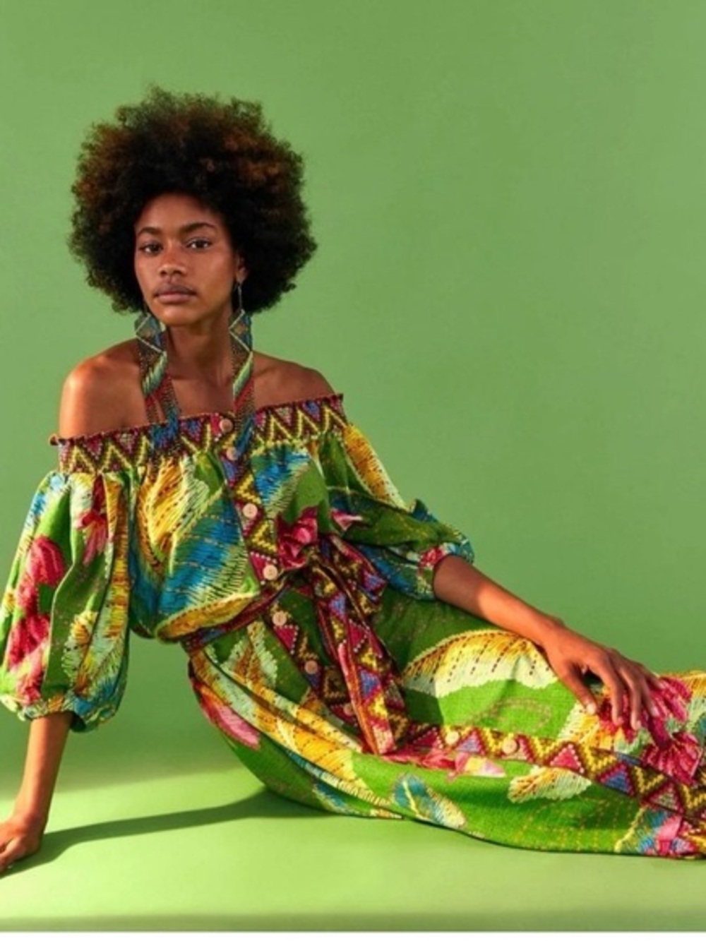 Farm Rio Vibrant Green Floral Off-Shoulder Midi Dress sz S VGUC
